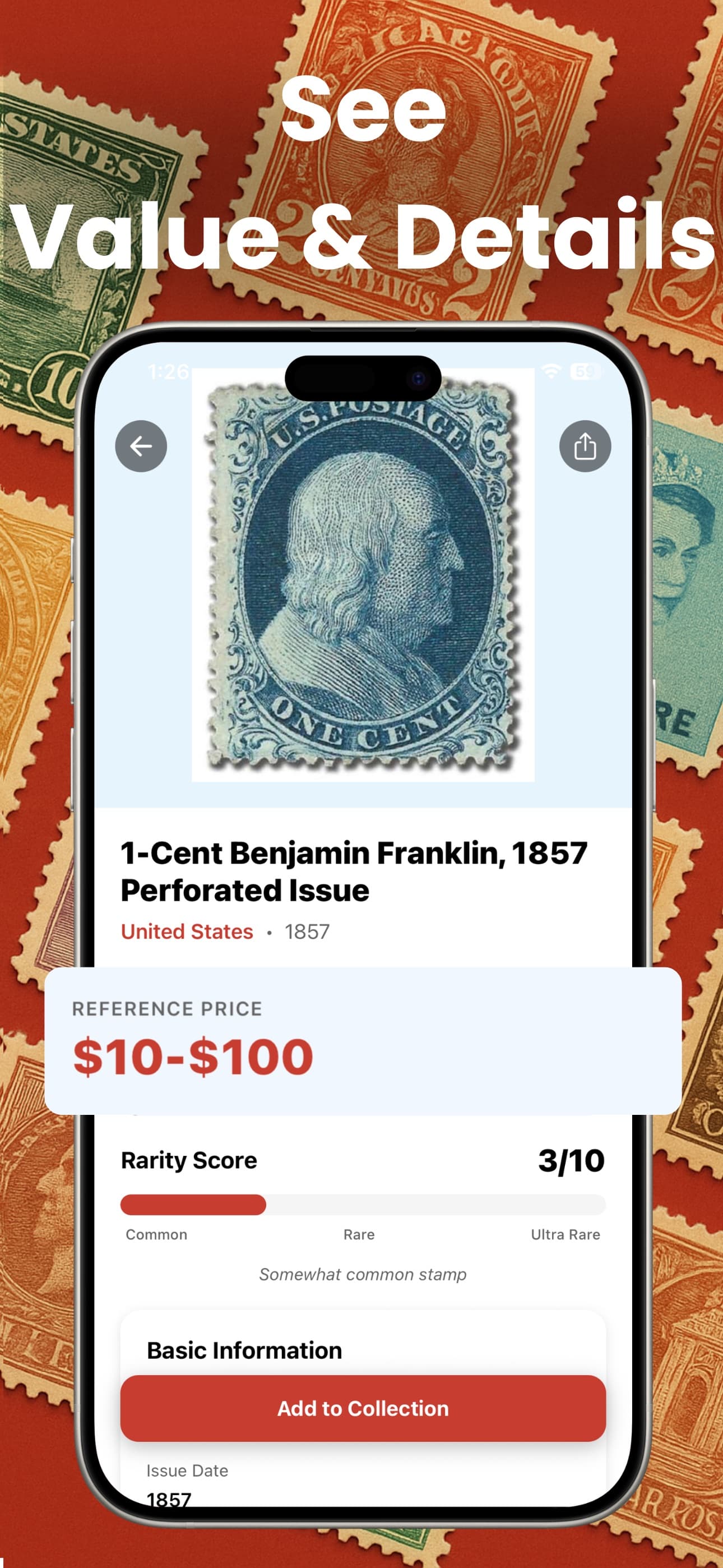 Výsledek rozpoznání ve StampGo pro jednocentovou známku s Benjaminem Franklinem z roku 1857 s orientační cenou 10 až 100 dolarů a hodnocením vzácnosti 3 z 10